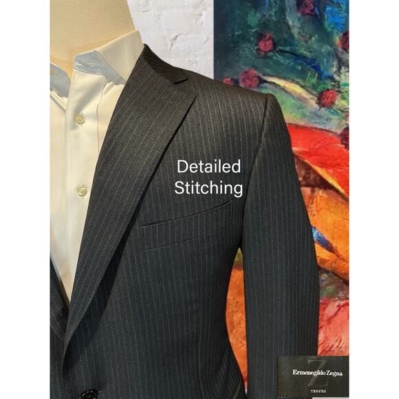 Ermenegilzo Zegna Trofeo Mens 46R 36x29 ROMA Gray Stripe Flannel Suit 3/2 Roll - Picture 3 of 16